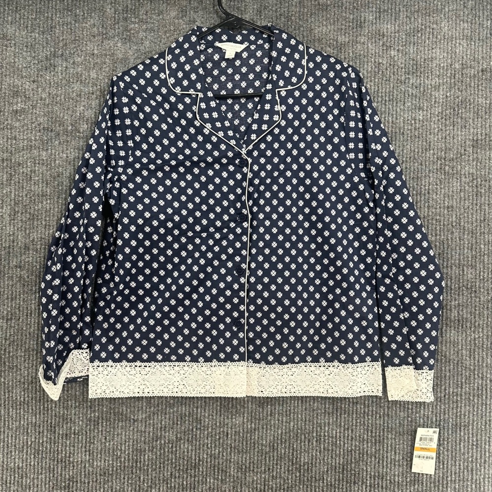 Charter Club Pajama Top Women Small Navy Blue NWT Floral Lace Trim Button Up